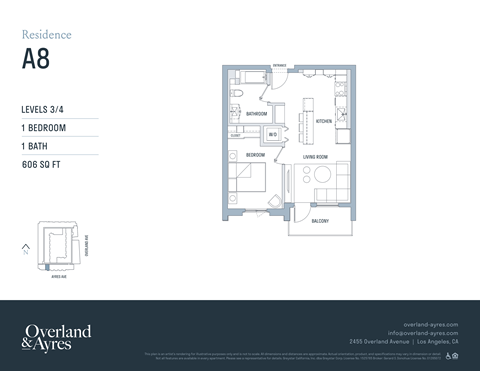 A floor plan for a residence labeled A8 shows a 1 bedroom and 1 bathroom layout.